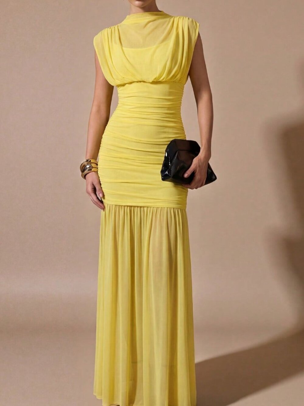 Yellow Elegant Women's Wrap Shawl Sheer Ruched Mini Dress